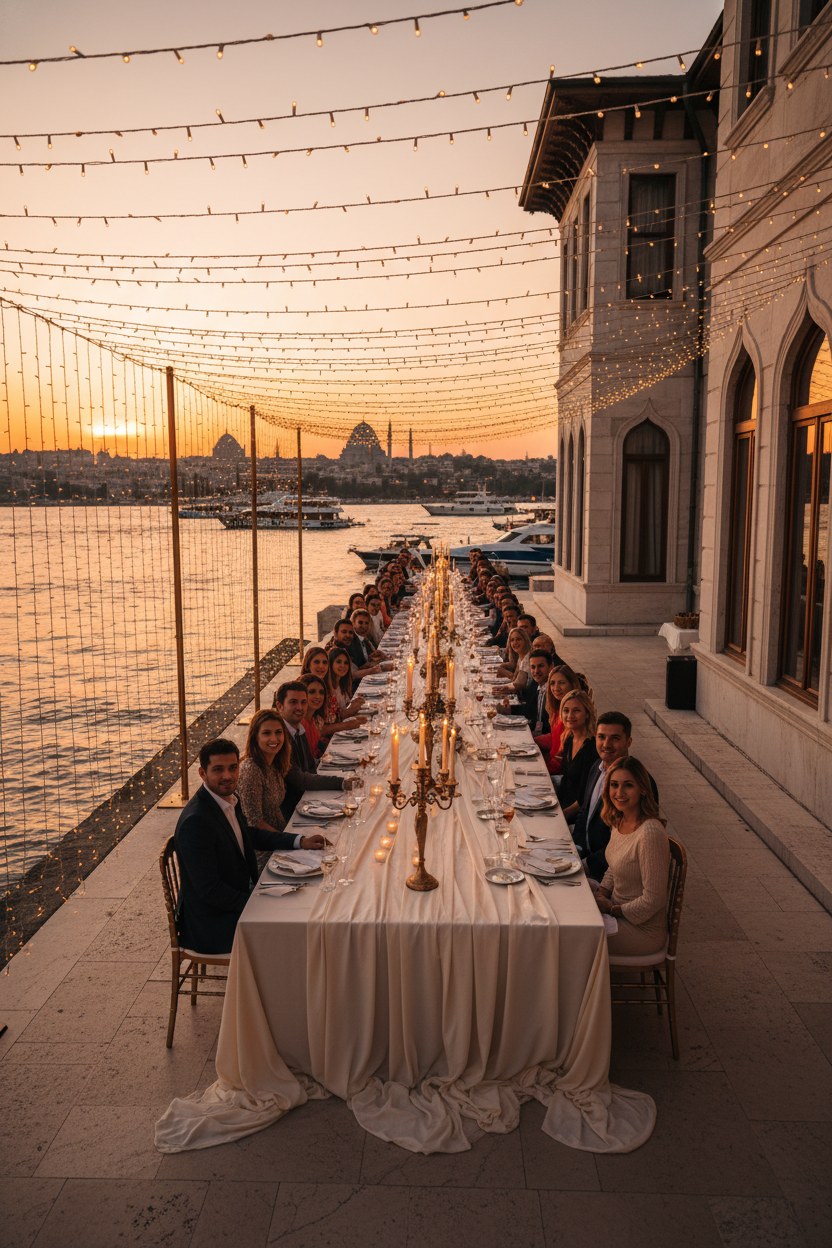 Boğaz manzaralı yalı nikahı, altın tonlarında masa düzeni