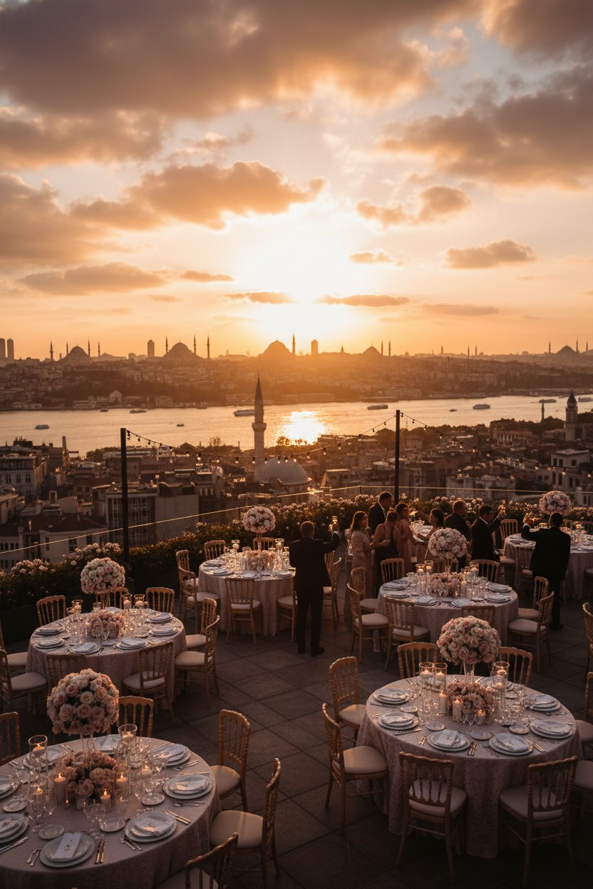 Çatı terası nikahı, gün batımı İstanbul manzarası